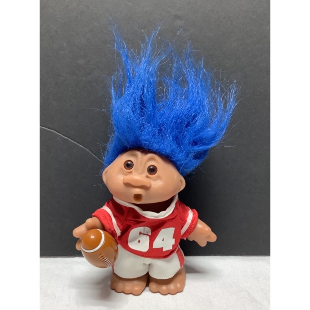 Troll Doll Dam Holding Football Jersey Sports Blue Hair 5.5" Vintage 2005